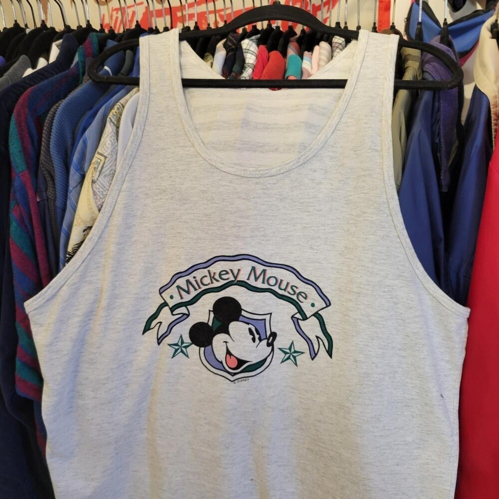 90s Disney Mickey Mouse tank top with graphic of Mickey Mouse with a banner abov